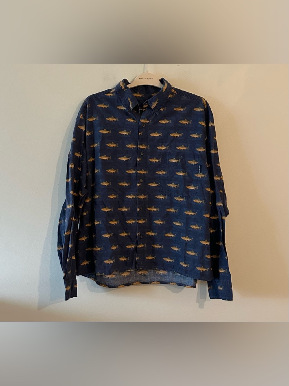 Woolrich Long Sleeve Navy Spotted Trout Print Button Down Shirt XXL Deep South